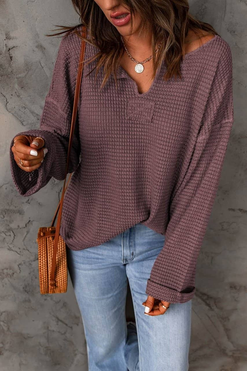 purple Waffle Knit Loose Long Sleeve Top purple Waffle Knit Loose Long Sleeve Top