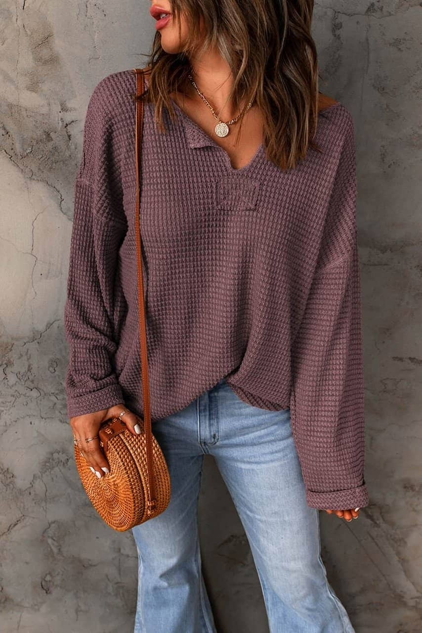purple Waffle Knit Loose Long Sleeve Top purple Waffle Knit Loose Long Sleeve Top