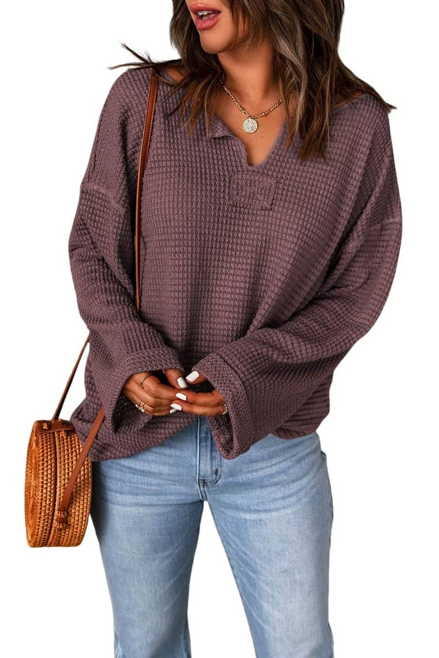 purple Waffle Knit Loose Long Sleeve Top purple Waffle Knit Loose Long Sleeve Top