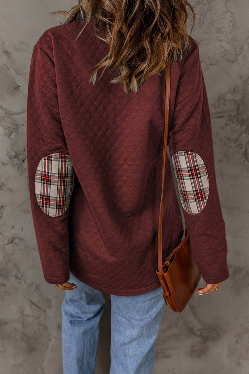 Red Geometric Texture Plaid Trim Sweatshirt Red Geometric Texture Plaid Trim Sweatshirt