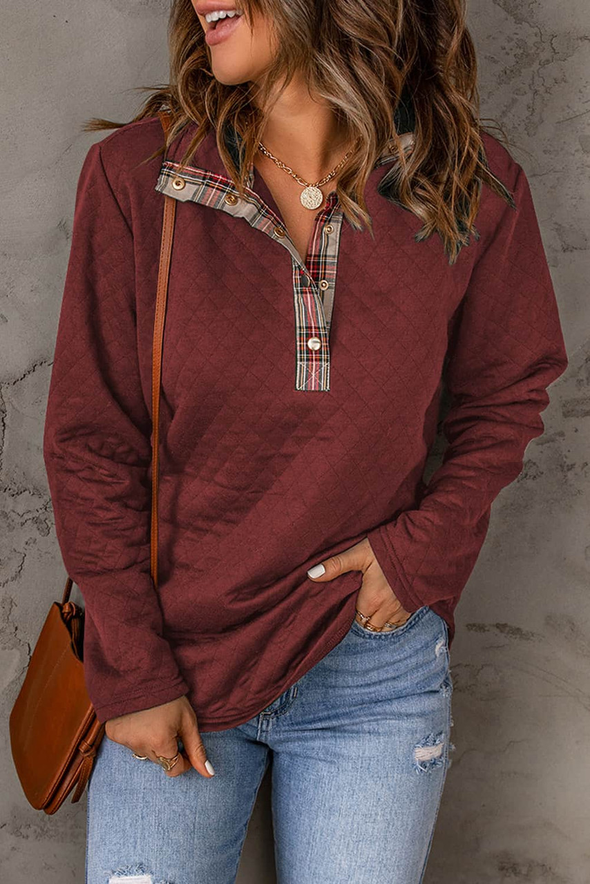 Red Geometric Texture Plaid Trim Sweatshirt Red Geometric Texture Plaid Trim Sweatshirt