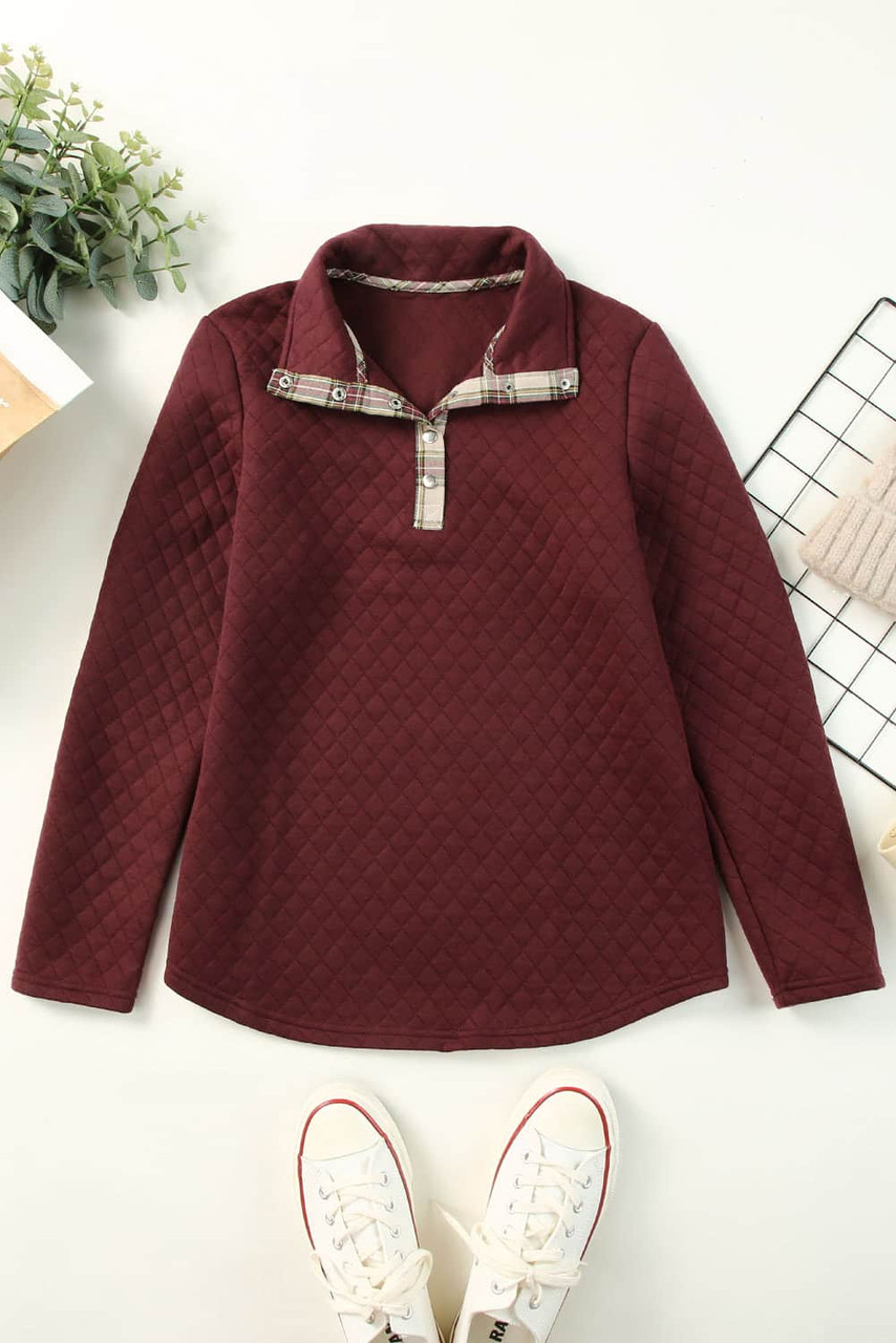 Red Geometric Texture Plaid Trim Sweatshirt Red Geometric Texture Plaid Trim Sweatshirt