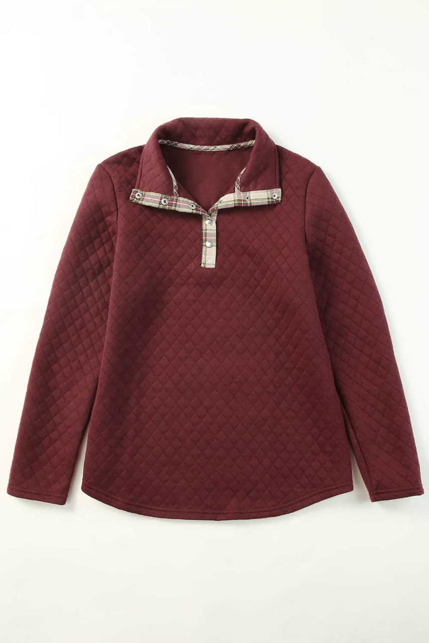 Red Geometric Texture Plaid Trim Sweatshirt Red Geometric Texture Plaid Trim Sweatshirt