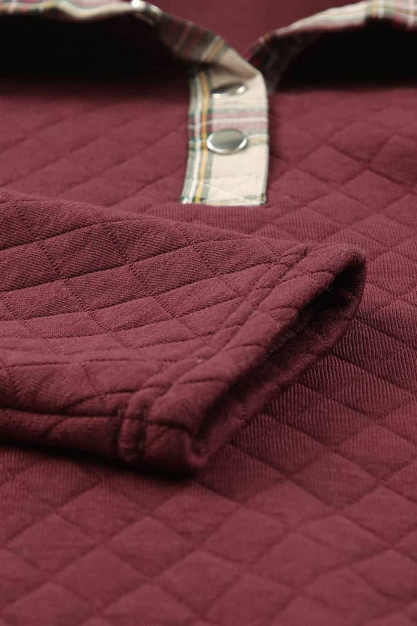 Red Geometric Texture Plaid Trim Sweatshirt Red Geometric Texture Plaid Trim Sweatshirt