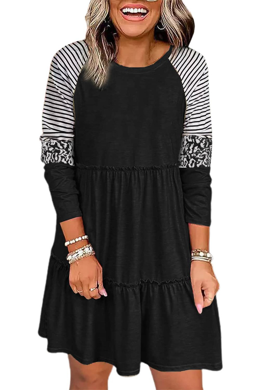 Black Striped Leopard Patchwork Long Sleeve Mini Dress