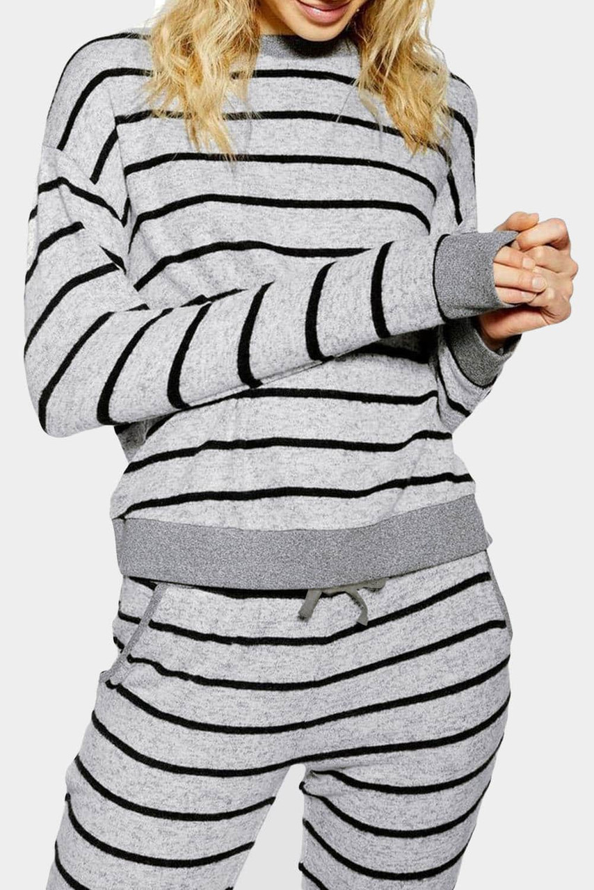 Gray Striped Long Sleeve Top and Drawstring Joggers Loungewear