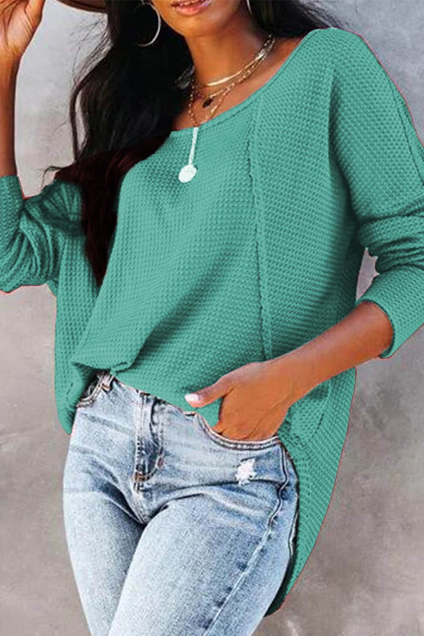 Green Waffle Knit Splicing Buttons Long Sleeve Top