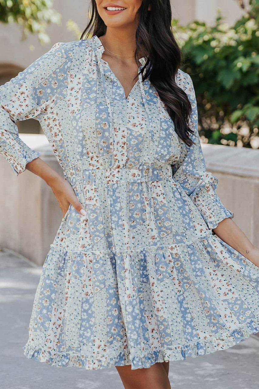 Sky Blue Floral Split V Neck Tiered Ruffle Dress