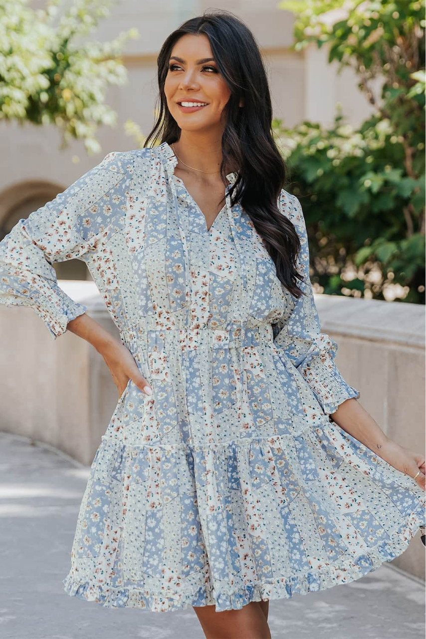 Sky Blue Floral Split V Neck Tiered Ruffle Dress