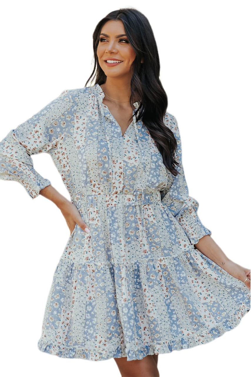 Sky Blue Floral Split V Neck Tiered Ruffle Dress