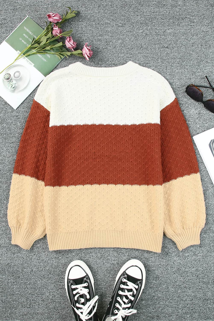 Brown Geometric Texture Colorblock Sweater