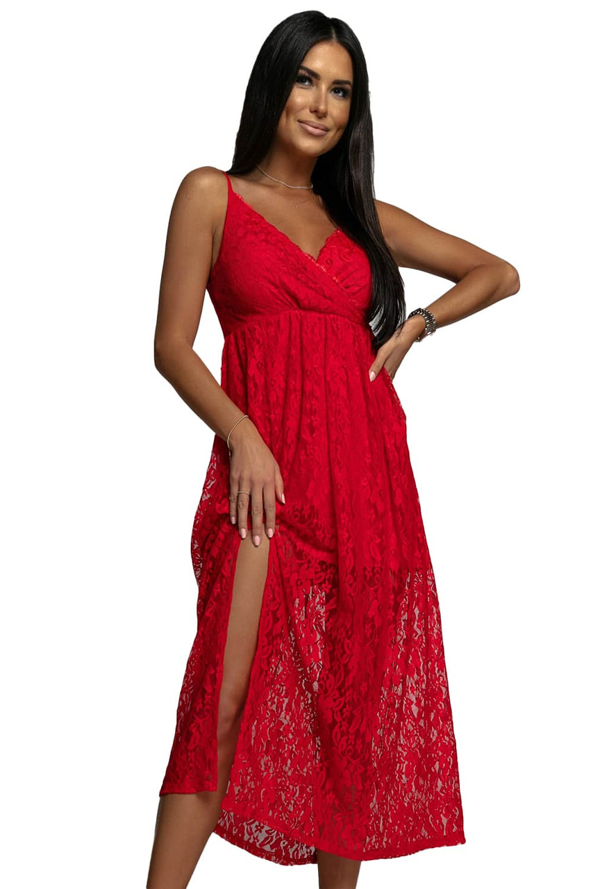 Red Lace V Neck Wrap Spaghetti Straps Maxi Dress