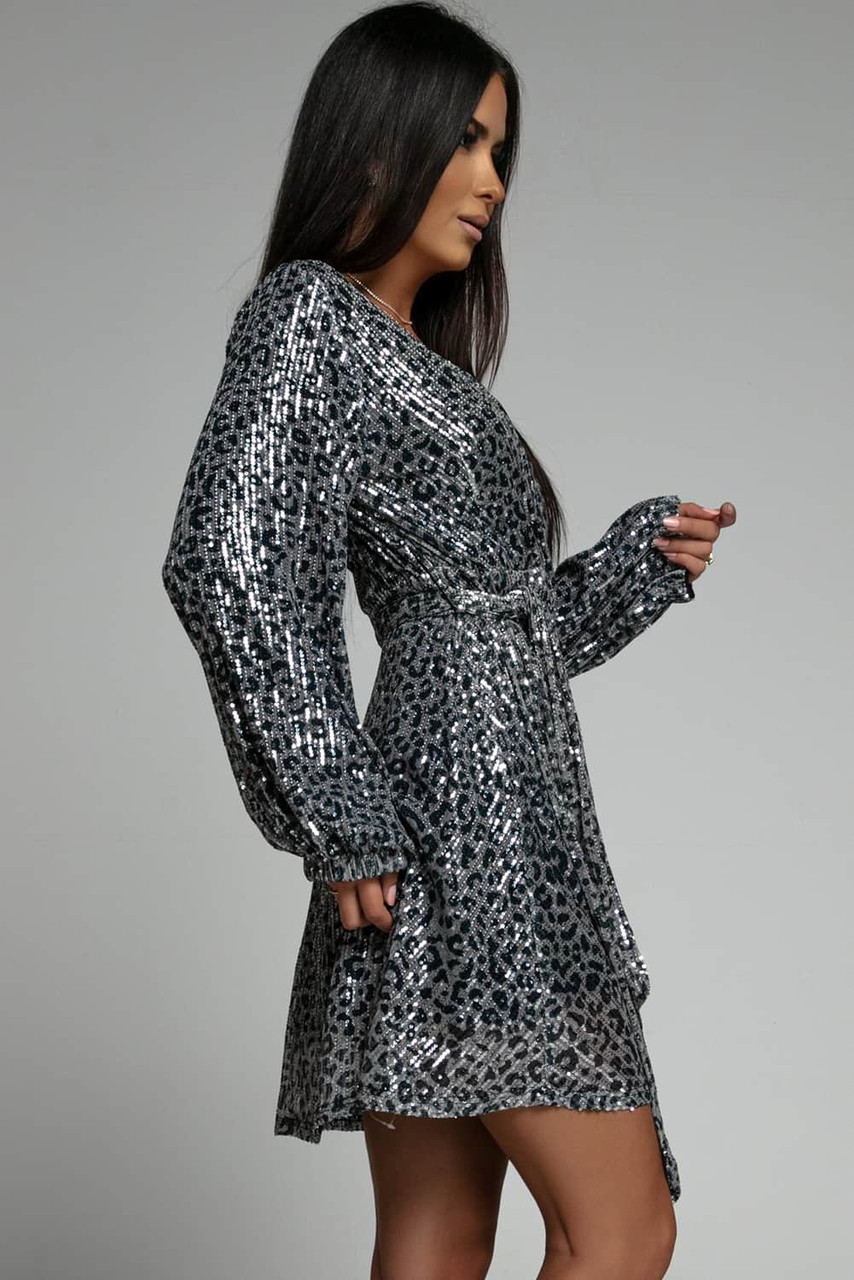 Gray Leopard Sequins V Neck Wrap Dress with Tie