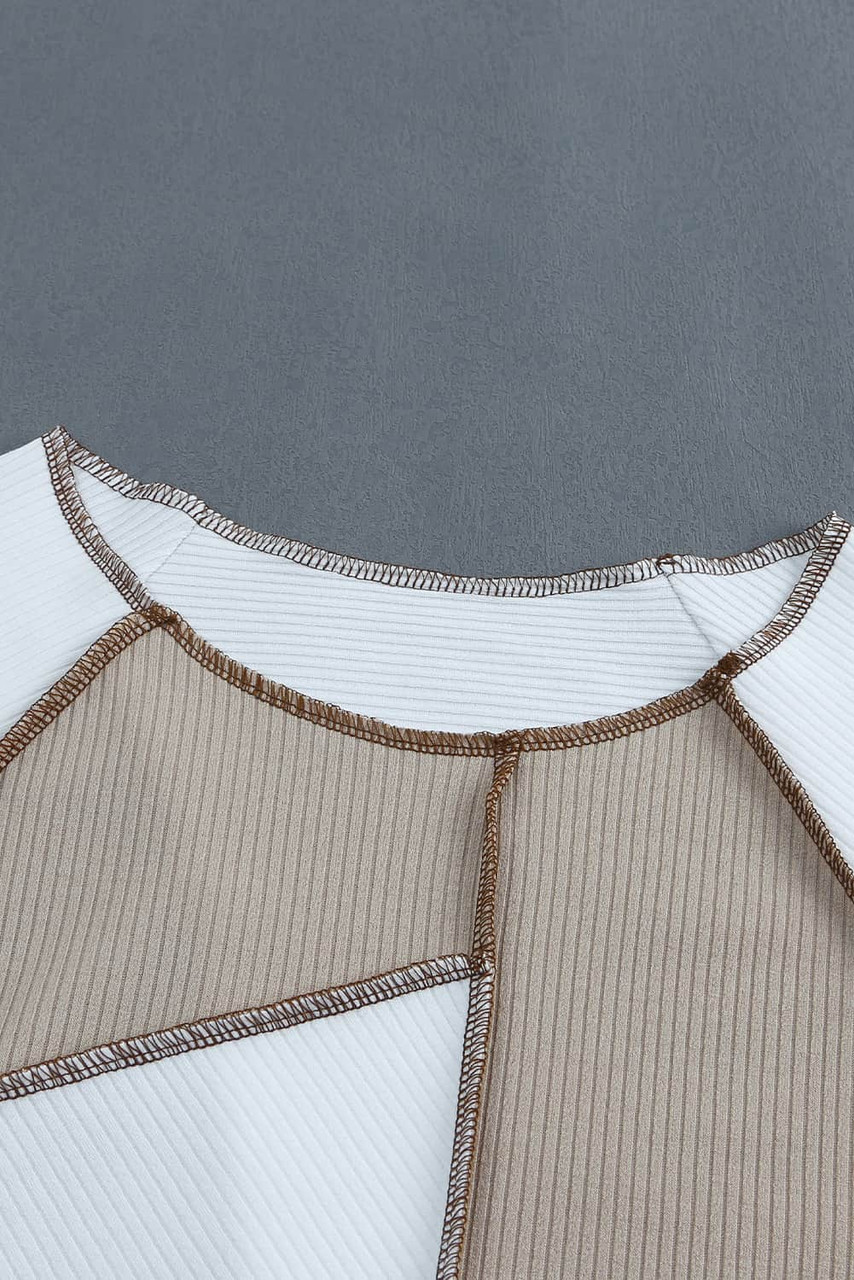 White Irregular Color Block Seaming Trim Rib Knit Top