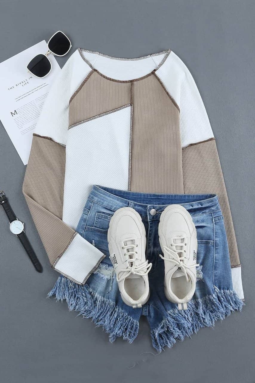 White Irregular Color Block Seaming Trim Rib Knit Top