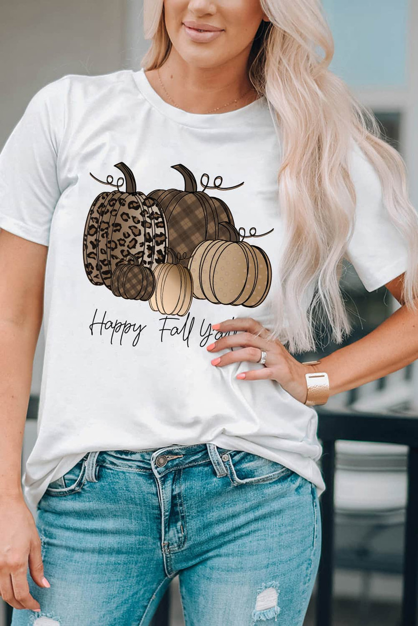 White Happy Fall Y\'all Pumpkin Print Graphic T Shirt