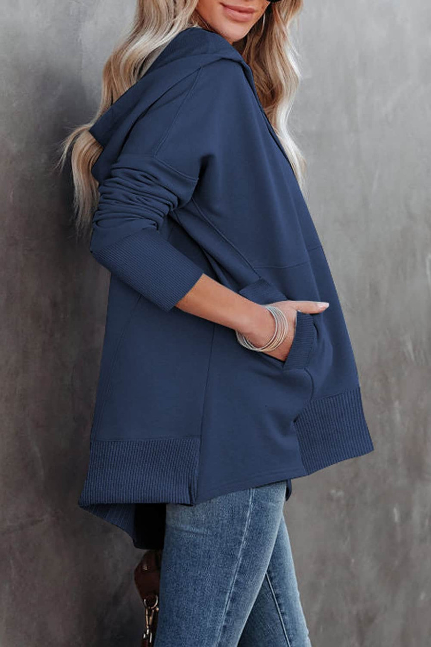 Blue Batwing Sleeve Pocketed Henley Hoodie