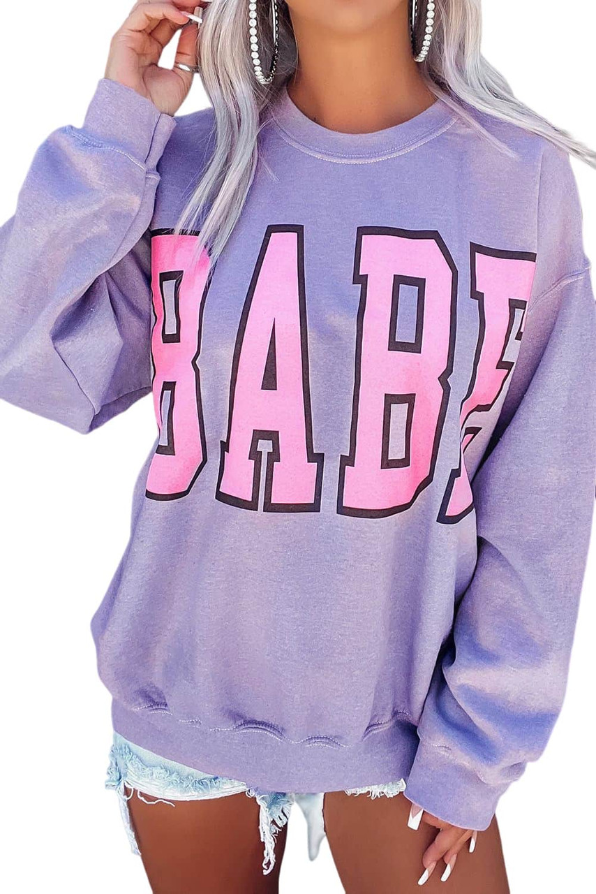 Gray BABE Letter Graphic Pullover Sweatshirt