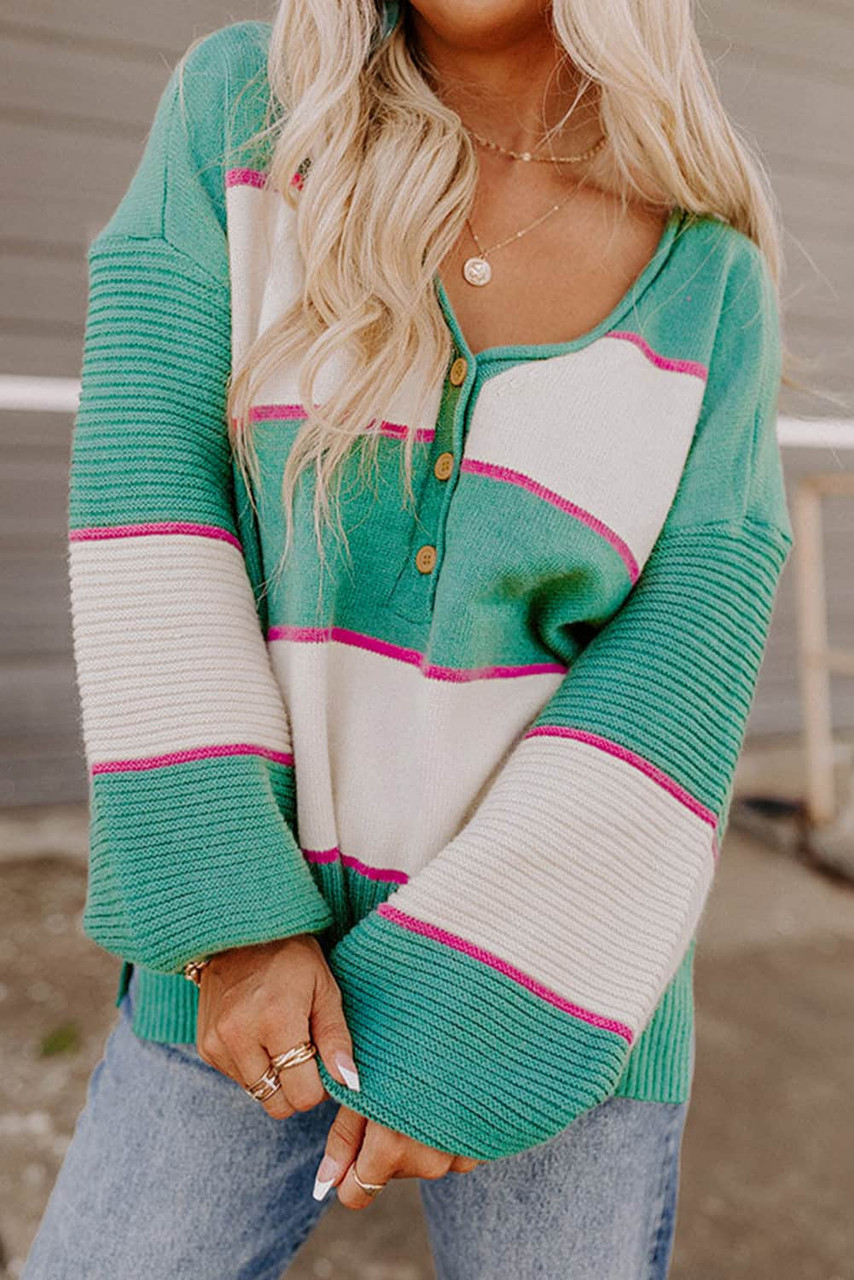 Green Striped Color Block Knitted Buttoned V Neck Sweater