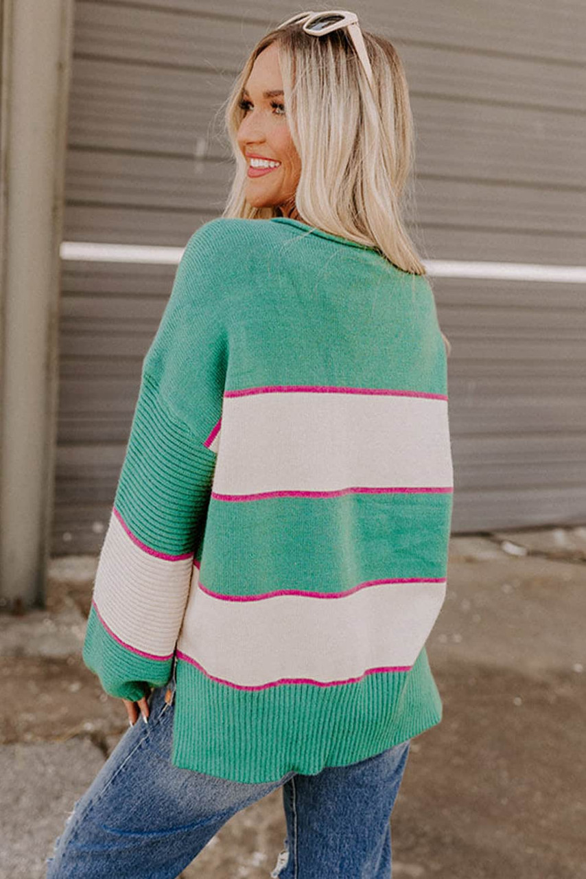 Green Striped Color Block Knitted Buttoned V Neck Sweater