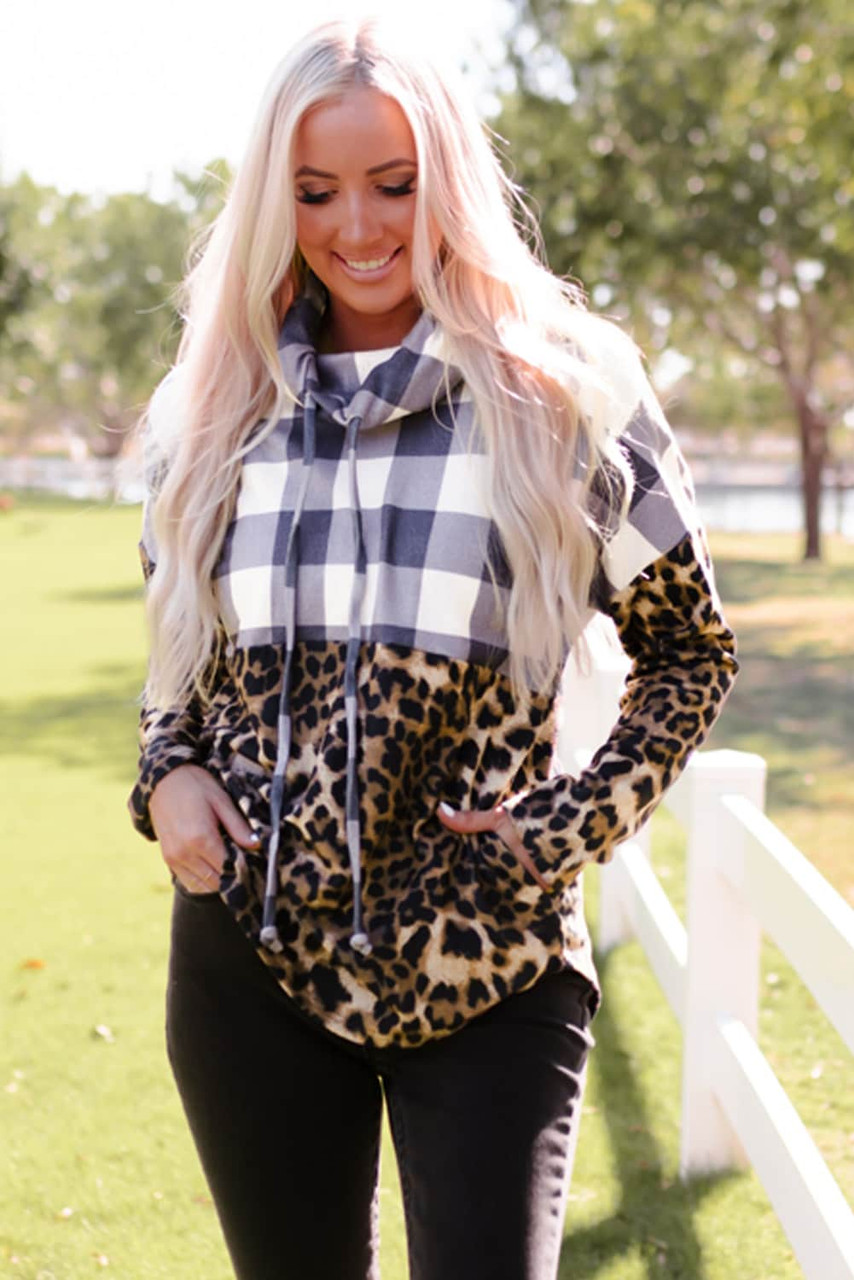 Leopard Leopard Plaid Patchwork Cowl Neck Sweatshirt