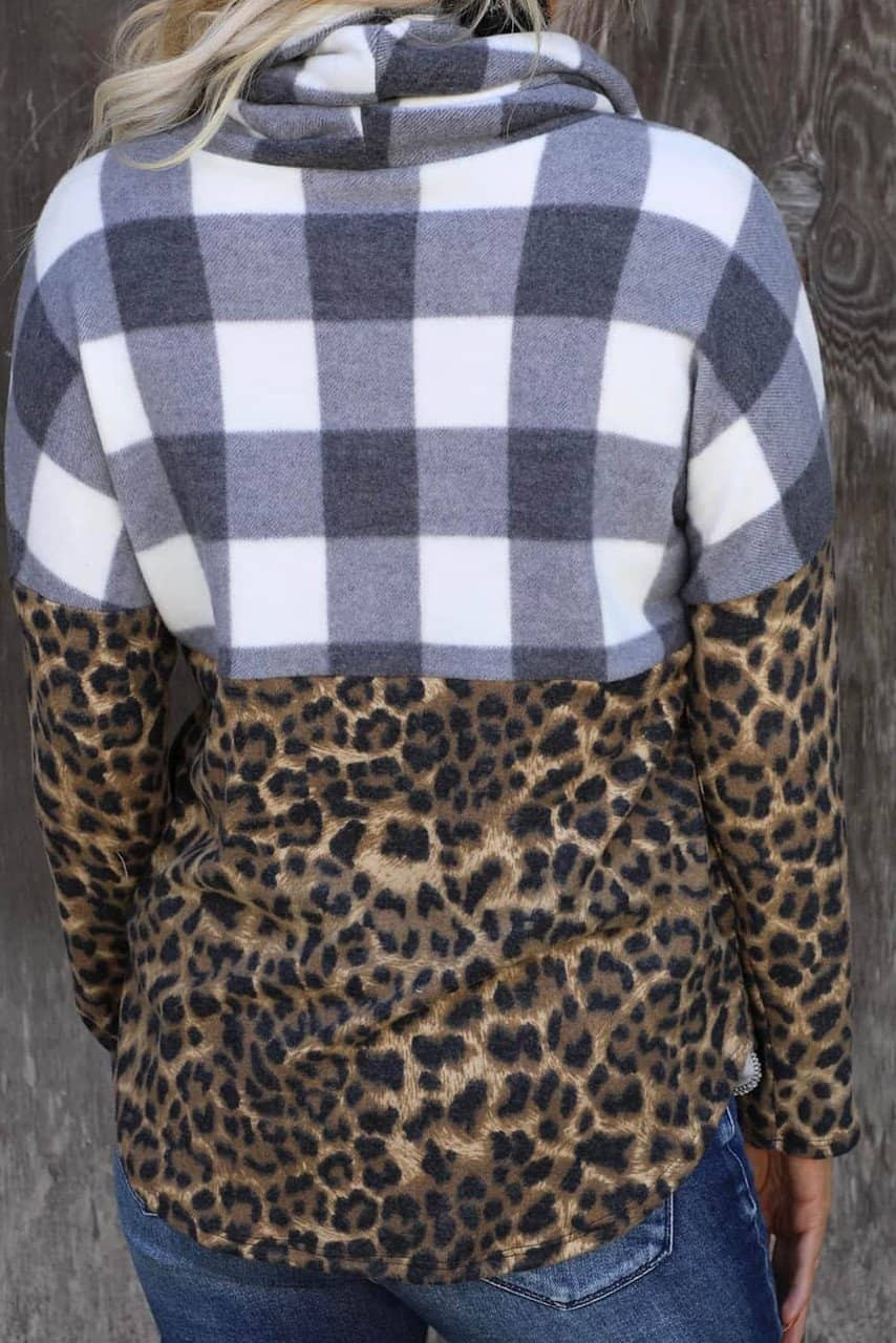 Leopard Leopard Plaid Patchwork Cowl Neck Sweatshirt