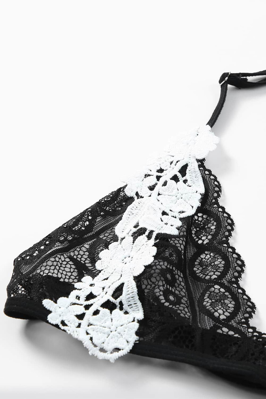 Black Contrast Lace Trim French Maid Lingerie Set