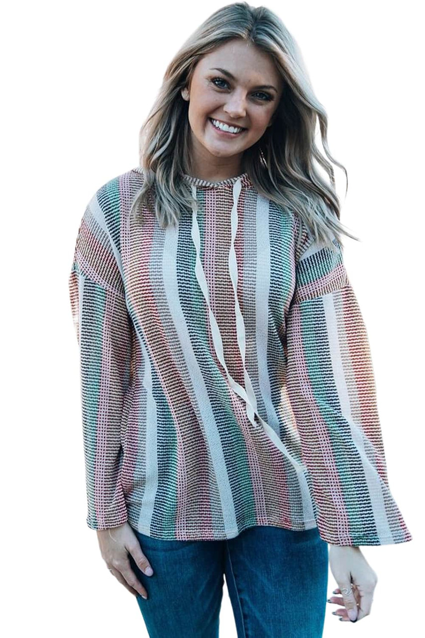 Multicolor Striped Drop Shoulder Textured Knit Hoodie