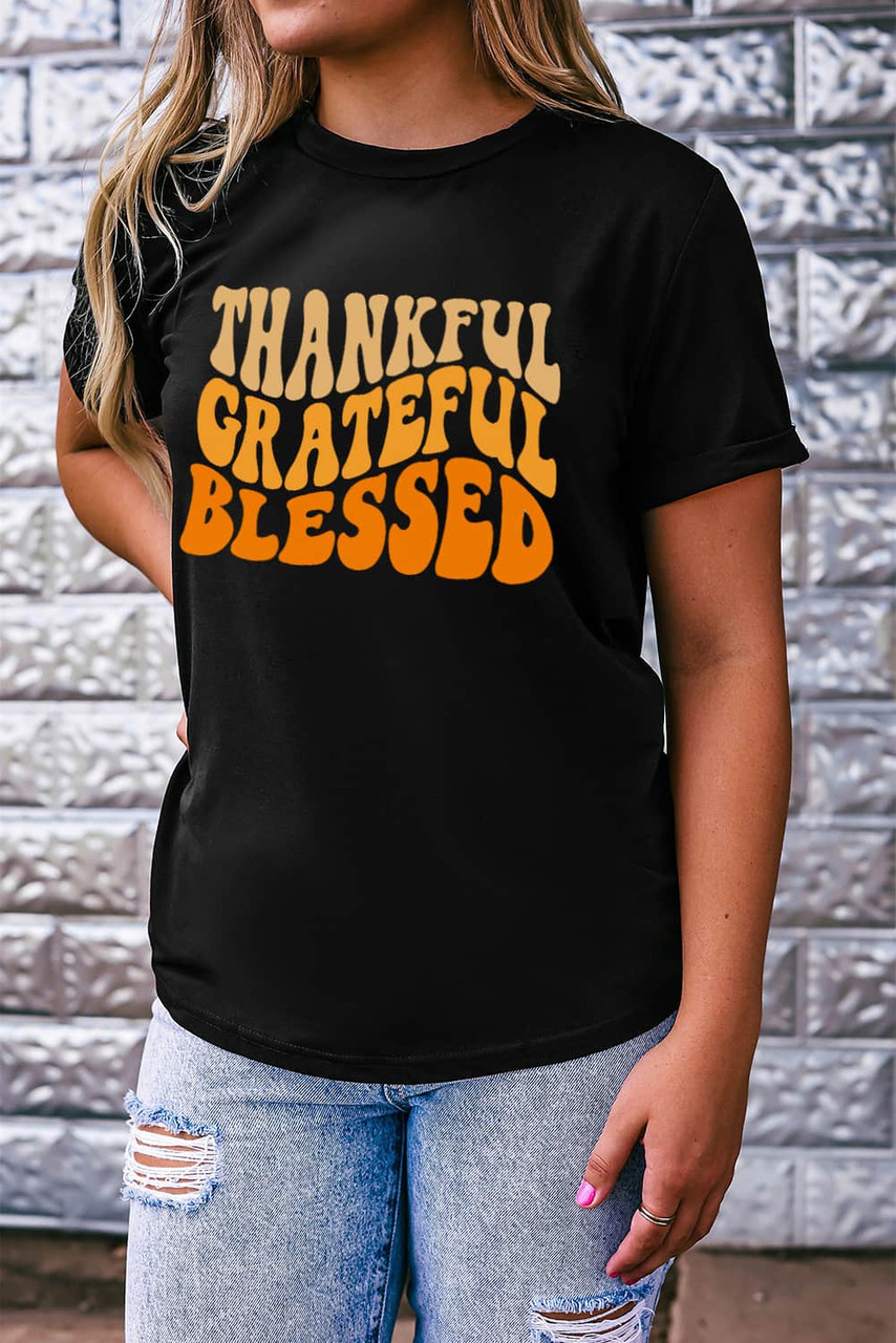 Black THANKFUL GRATEFUL BLESSED Crew Neck Graphic Tee