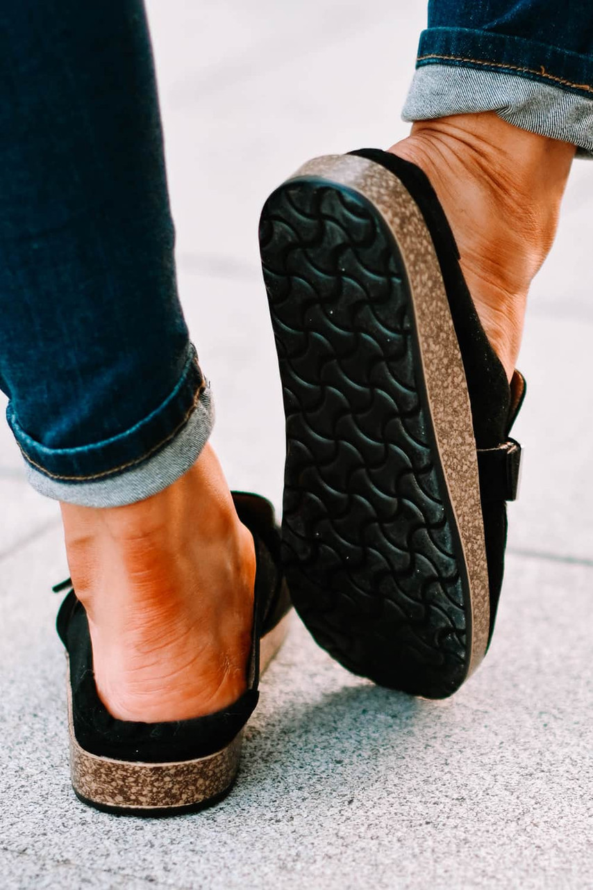 Black Faux Suede Buckle Detail Flat Mule Slippers