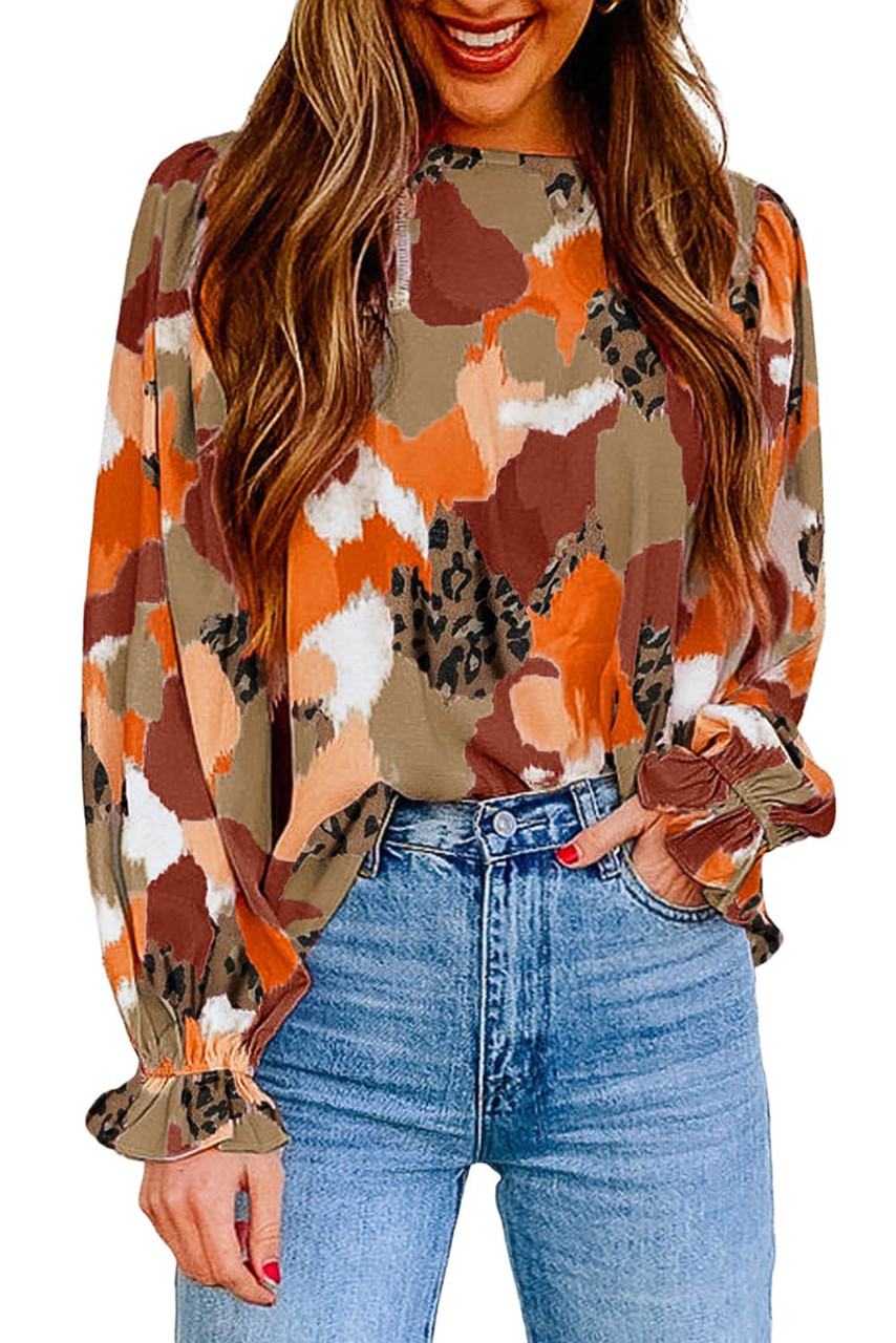 Orange Multicolor Abstract Printed Long Sleeve Blouse