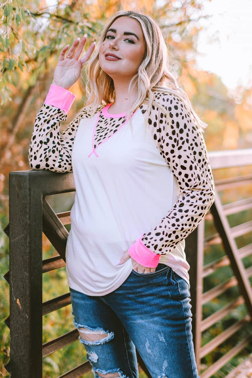 White Leopard Patchwork Long Sleeve Plus Size Top