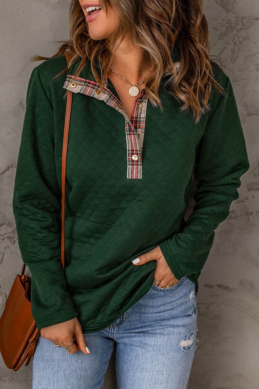 Green Geometric Texture Plaid Trim Sweatshirt Green Geometric Texture Plaid Trim Sweatshirt
