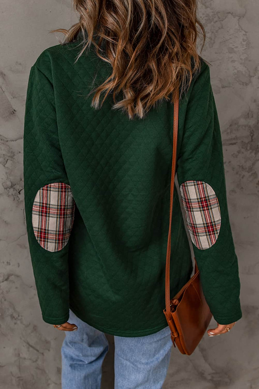 Green Geometric Texture Plaid Trim Sweatshirt Green Geometric Texture Plaid Trim Sweatshirt