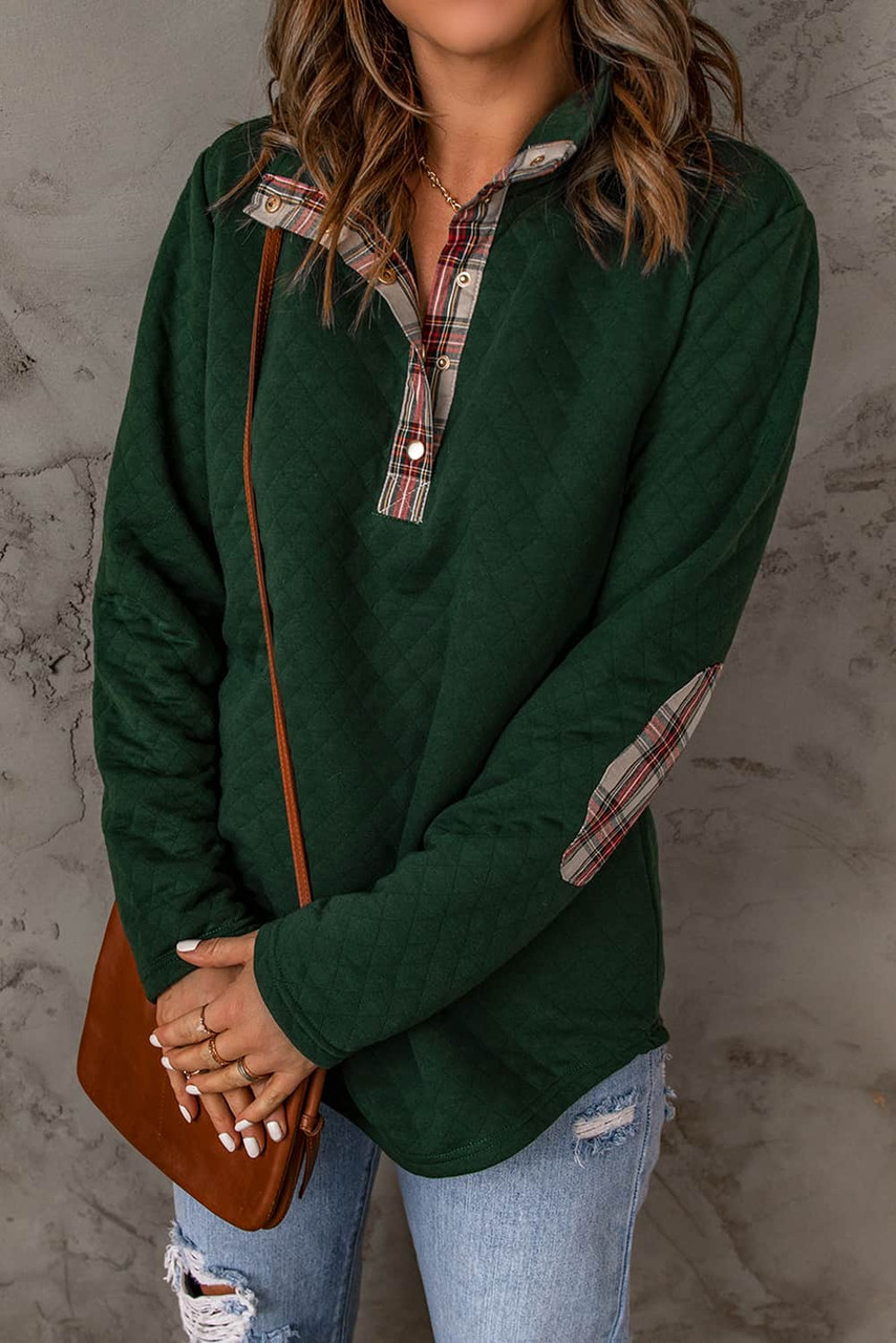 Green Geometric Texture Plaid Trim Sweatshirt