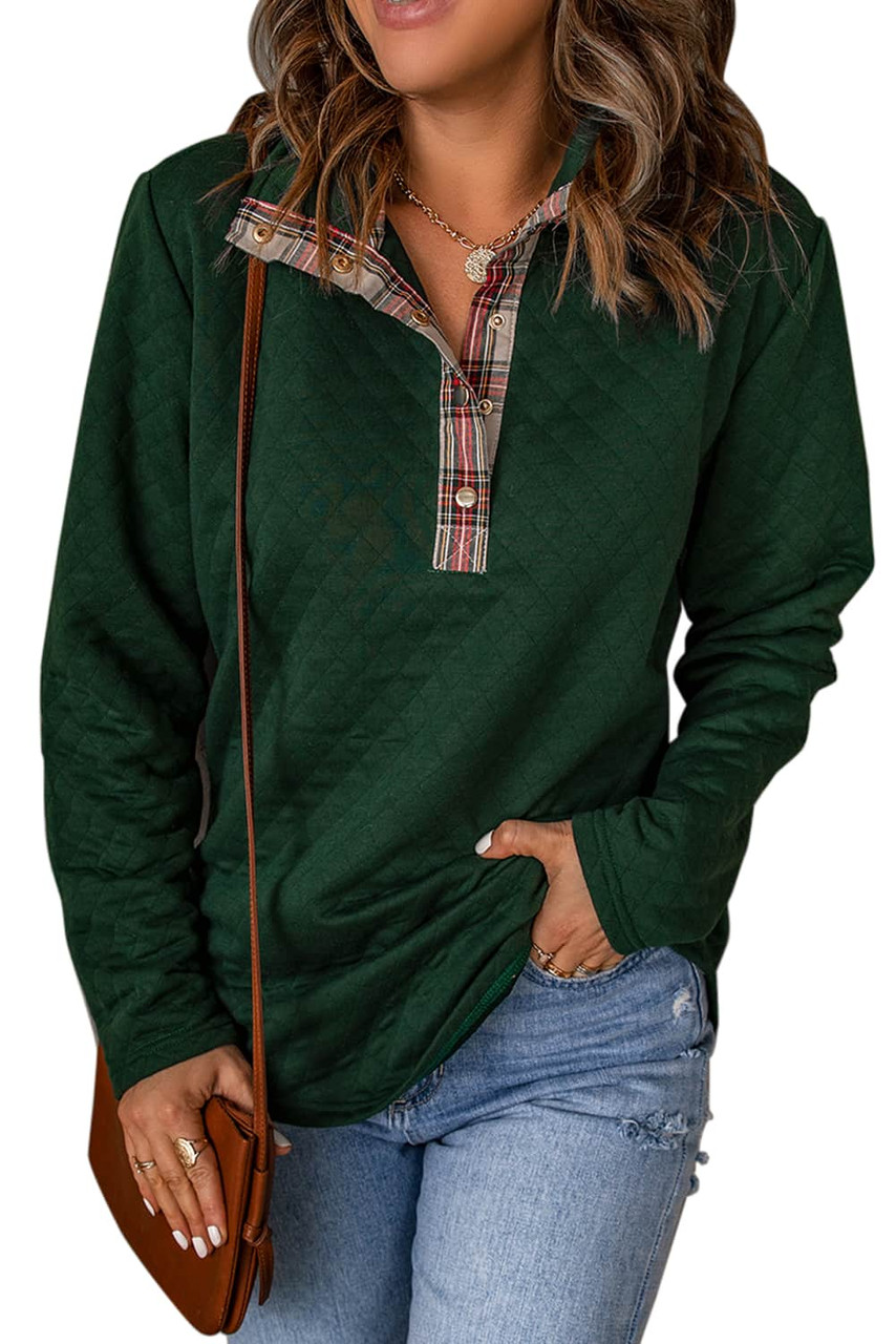 Green Geometric Texture Plaid Trim Sweatshirt Green Geometric Texture Plaid Trim Sweatshirt