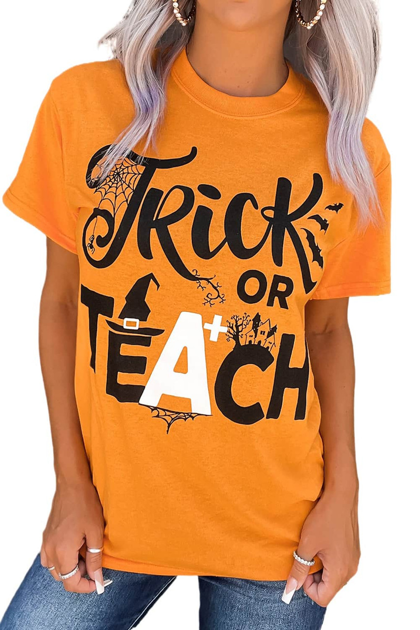 Orange Halloween Letter Graphic Print Short Sleeve T Shirt