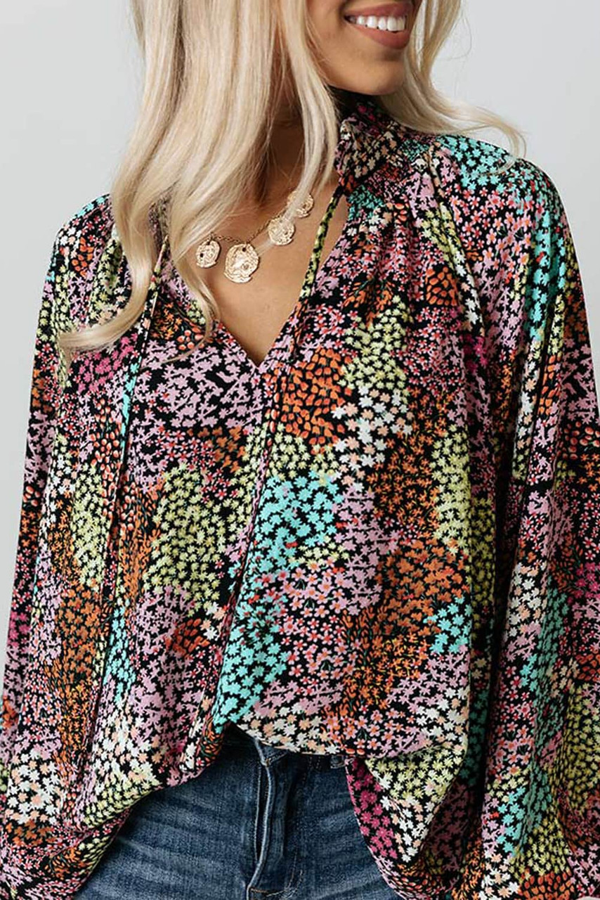 Multicolor Vibrant Floral Tie V Neck Puff Sleeve Blouse