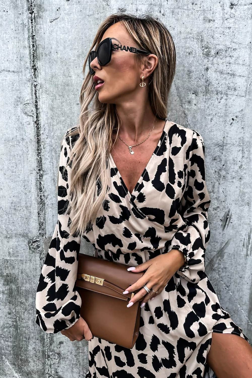 Wrap V Neck Leopard Midi Dress with Ruffled Hem