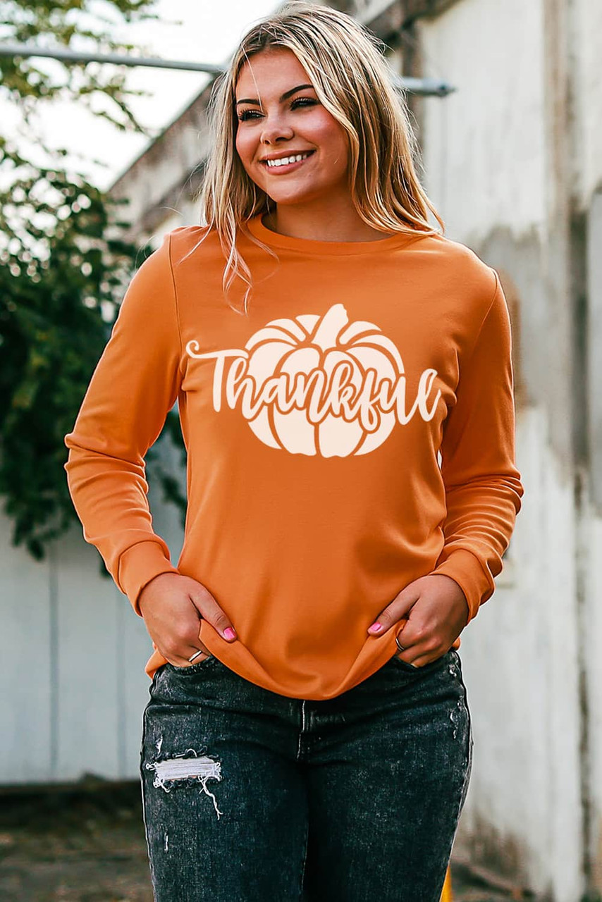 Orange Thankful Pumpkin Pattern Print Long Sleeve Top