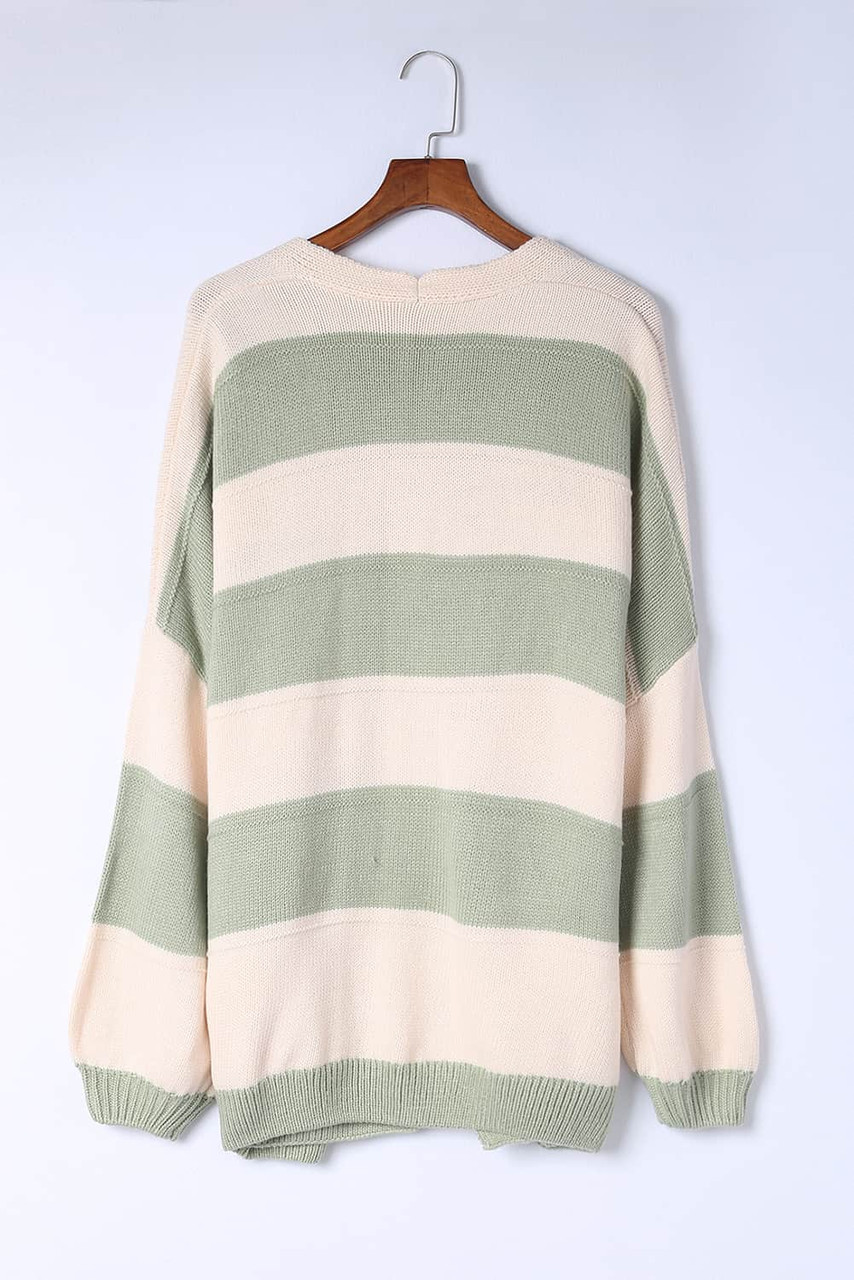 Green Open Front Colorblock Knit Cardigan