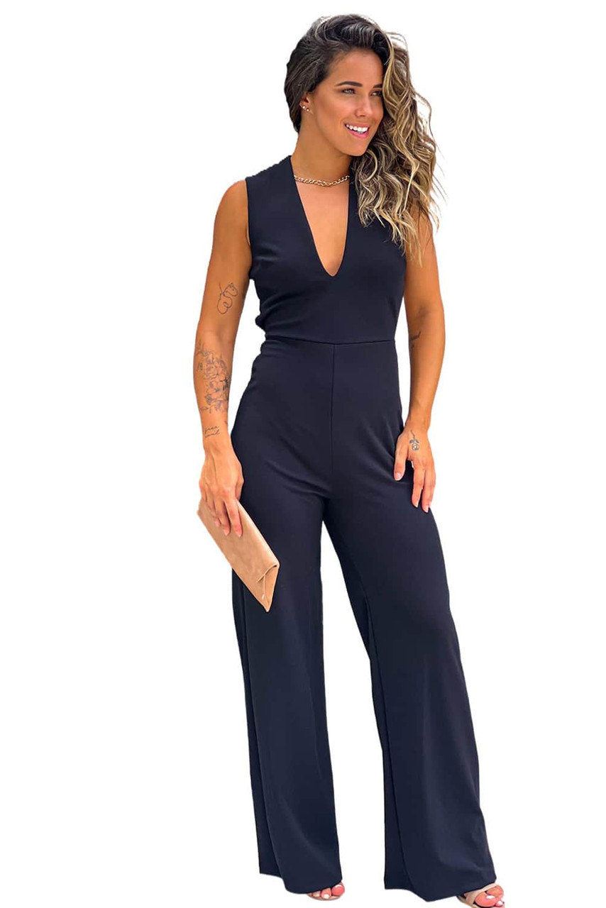 Black V Neck Crisscross Back Wide Leg Jumpsuit