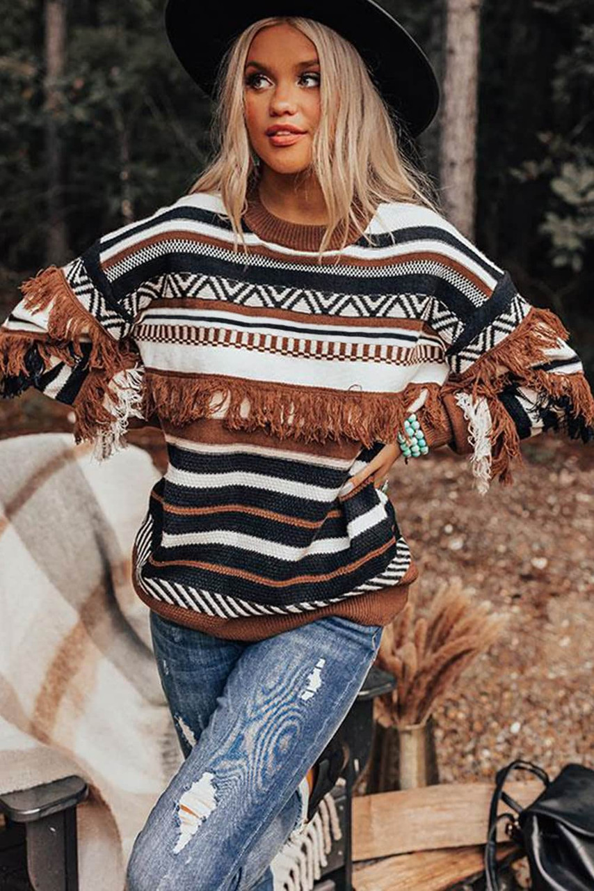 Multicolor Round Neck Striped Sweater with Fringe