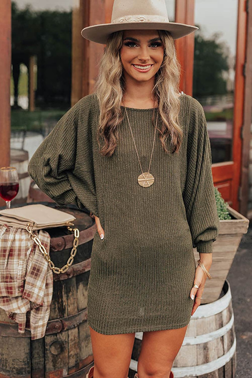 Green Batwing Sleeves Ribbed Knit Sweater Dress