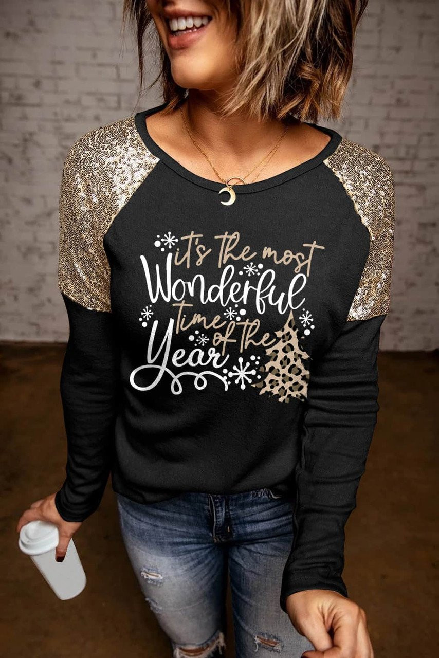 Black Wonderful Christmas Season Graphic Sequin Shoulder Top