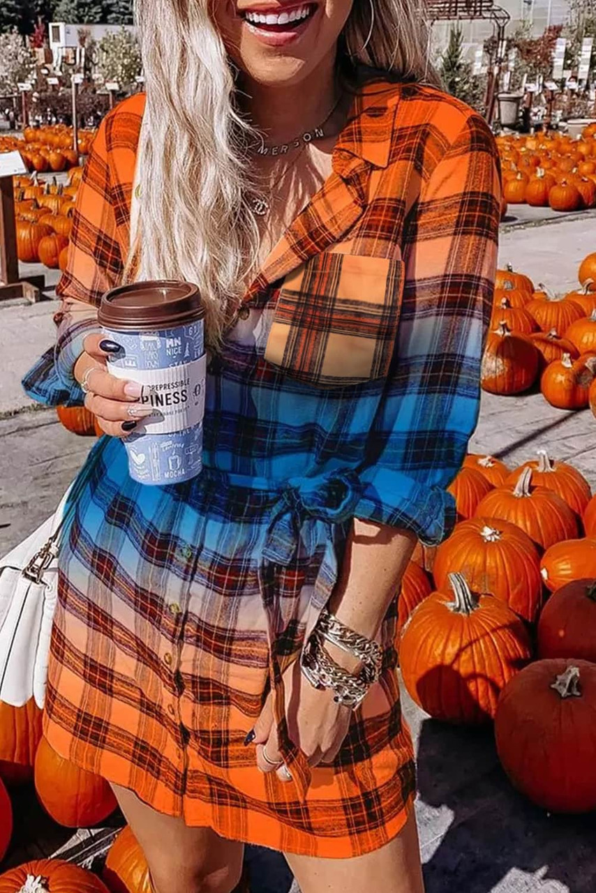 Orange Gradient Plaid Button Front Mini Shirt Dress