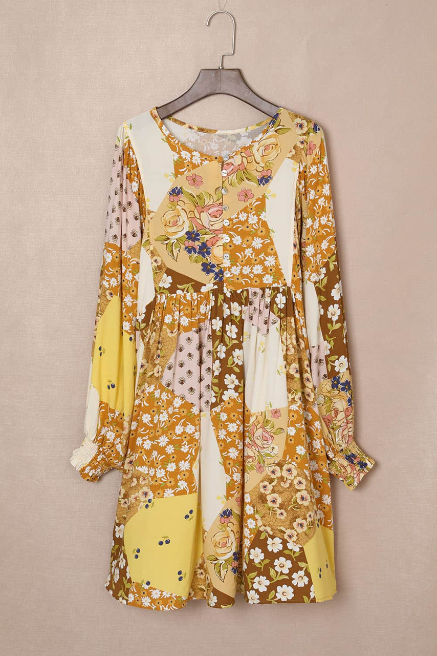 Yellow Floral Buttoned Pleated Long Sleeve Babydoll Dress