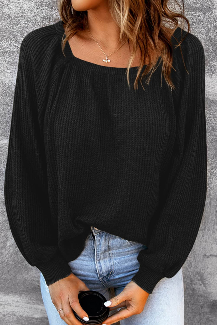 Black Scoop Neck Puff Sleeve Waffle Knit Top | dealstunnel.c