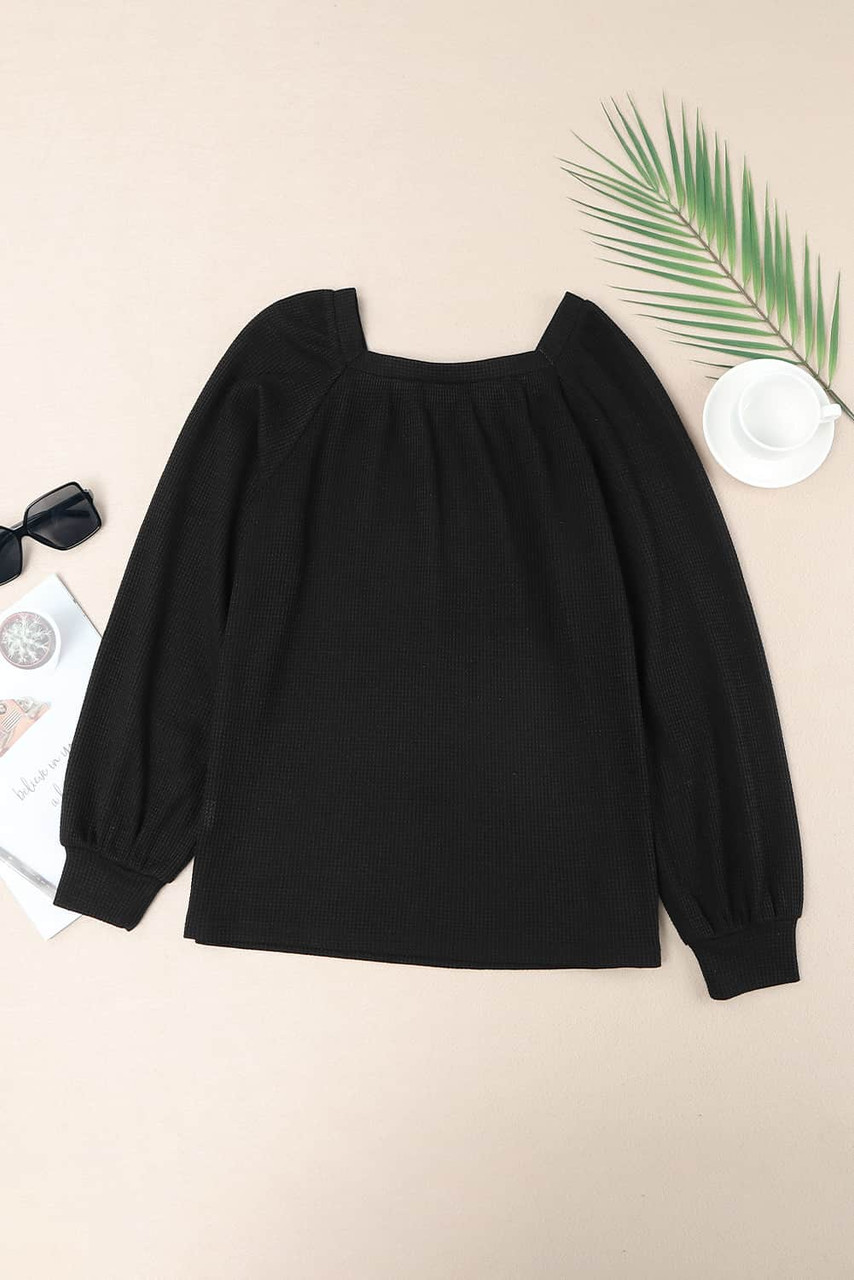 Black Scoop Neck Puff Sleeve Waffle Knit Top | dealstunnel.c