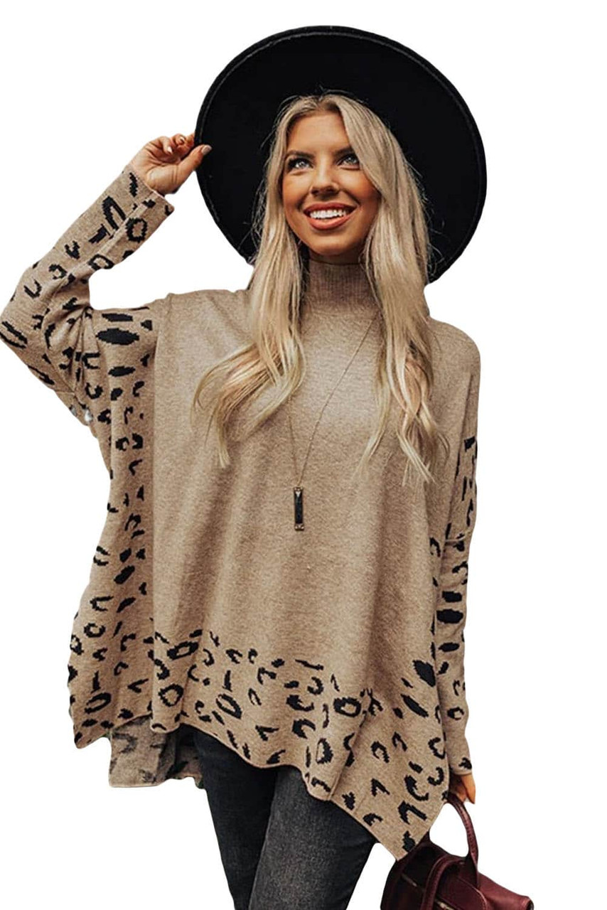 Khaki Leopard High Neck Side Slit Oversized Sweater